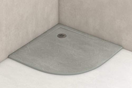 Plato de Ducha Antideslizante Semicircular 80x80cm - Plato Ducha Resina Resistente a Agentes Químicos - Plato Ducha Textura Pizarra Antibacteriano - Incluye Válvula Sifón Plato Ducha - Color Gris