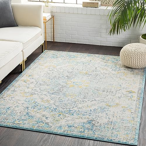 Livabliss Asmara Vintage Teppich groß - Orientalischer Teppich Wohnzimmer 120x170 cm, Esszimmer, Schlafzimmer - Boho Teppich, Kurzflor Teppich für einfache Pflege - Muster Teppich in Blau und Senfgelb