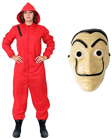 Adults Bank Robber Halloween Costume - Red Jump Suit with Attached Hood and Mask - Adults Halloween Fancy Dress Costume