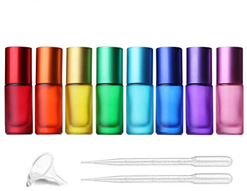 5ml 8 Colour Frosted Glass Roll On Bottles,Empty Portable Essential Oil Glass Roller Bottle With Stainless Steel Roller Balls Perfume Roll-On Bottle with Lids-8 Pack