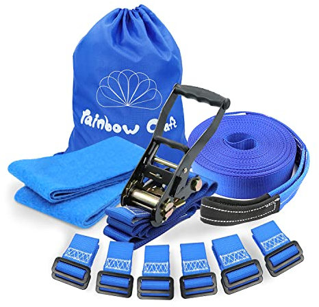 Rainbow Craft Ninja Warrior Hinderniskurs für Kinder – 15,2 m Slackline, 12 abnehmbare Schnallenschlaufen, 12 Ninja-Aufsätze, Outdoor-Trainingsgeräte