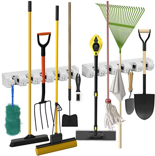 ARTECSIS 2er Set Geräteleiste für Gartengeräte mit 6 ausklappbaren Haken, Gerätehalter, Besenhalter aus Kunststoff, 44,5 cm, Halterung für bis zu 11 Geräte