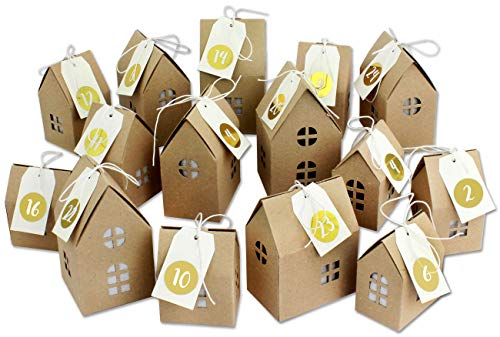 Papierdrachen Adventskalender zum Basteln und Befüllen - Häuser Set - mit goldenen Zahlenaufklebern - 24 naturbraune Schachteln aus 400g/m²-Karton - 24 Boxen - Weihnachtsdorf - wiederverwendbar