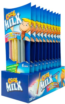 Cool Milk ÖKO Trinkhalme zum Kakaomachen | mit 3 Sorten Schoko, Vanille, Erdbeere |10 Packungen mit je 5 kompostierbaren Trinkstrohhalmen (1 Tray x 300 g)
