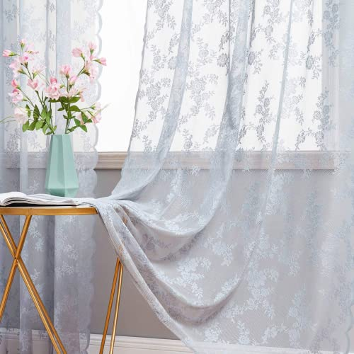 MIULEE Gardinen Spitze-Wunderschöne Grau Blumen Bestickte Spitzengardinen, 2er Set Transparent Vorhang Spitze Vintage, Voile Spitzenvorhänge mit Ösen für Wohnzimmer Schlafzimmer Dekor, 2X H245xB150cm
