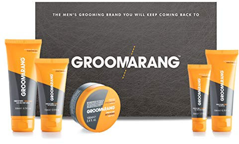 Mens Toiletry Gift Set GROOMARANG ‘Power of Man’ Toiletries Gift Set for Men Includes Hair & Body Wash, Face & Neck Cream, Shaving Gel, Aftershave Gel & Hair Paste