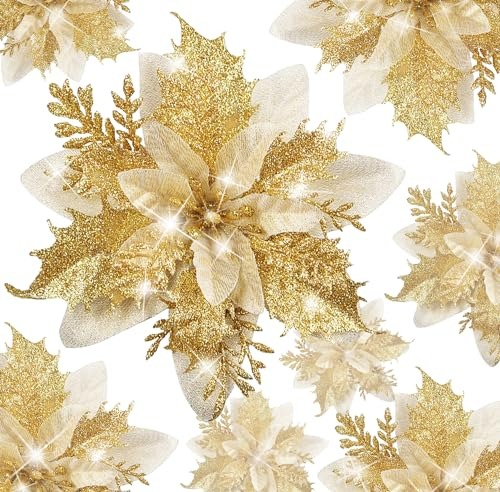 BLAZOR Christmas Flowers Artificial, Poinsettia Artificial Flowers with Glitter, Large Poinsettias christmas Tree Decorations, Xmas Faux Flowers for Garlands/Party/Home Ornaments