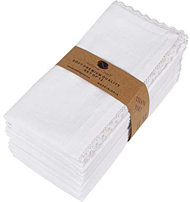 Naturalcraft Stoffservietten, Baumwoll-Leinenmischgewebe, 12 Stück, Servietten sind vorgeschrumpft und gute Saugfähigkeit (weiße Spitze, 30.5x30.5 cm)