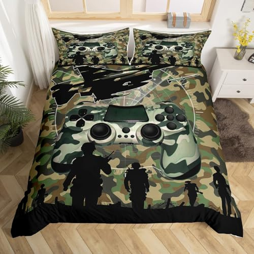 Bettwäsche-Set im Armee-Stil, Gamer, für Kinder, Jungen, Teenager, Spiele, Bettbezug, Helikopter-Joystick-Dekor, wendbarer Bettbezug mit 1 Kissenbezügen, Grün