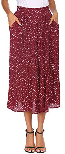 Parabler Damen Chiffon Sommerrock gefalteter Retro Langer Midi Rock Elastischer Taillen Rock mit Tasche S