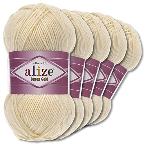 Alize 5 x 100 g Cotton Gold Premium Wolle| 39 Farben Sommerwolle Garn Stricken Amigurumi (01 | Creme)