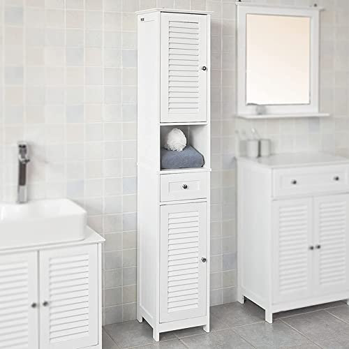 HUOLE Badschrank aus Holz,Hochschrank für Bad,Badezimmerschrank Badkommode,Badregal,Eckschrank,Medizinschrank Holz Badezimmer Hochschrank,Badregal im Landhausstil(170 * 32 * 30cm)
