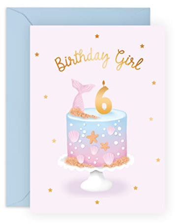 Central 23 Carte d'anniversaire pour fille Carte d'anniversaire de 6 ans 6 ans Jolis coquillages de sirène rose pastel bleu Enfants Fille Petitefille Livré avec des autocollants amusants