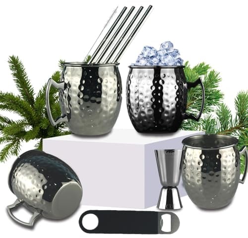 Metaspl Moscow Mule Tassen Set mit 4 schwarz beschichteten gehämmerten Bechern Edelstahl 530 ml für Cocktails Getränke (4)