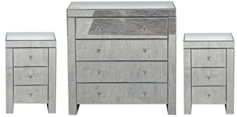 Kingwudo® Mirrored Chest of Drawers Set with 4 & 3 Drawer Bedside Tables x 2 Sets - Bedroom Furniture