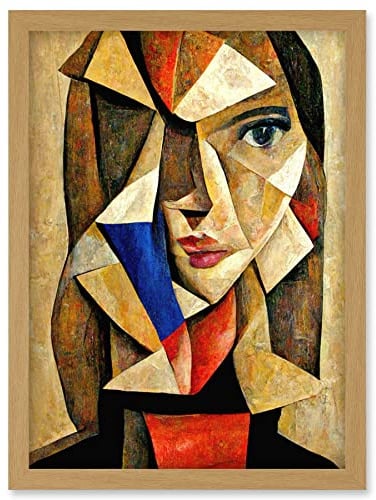 Doppelganger33 LTD Painting Cubism Style Portrait Of Young Woman Beige And Brown Artwork Framed Wall Art Print A4