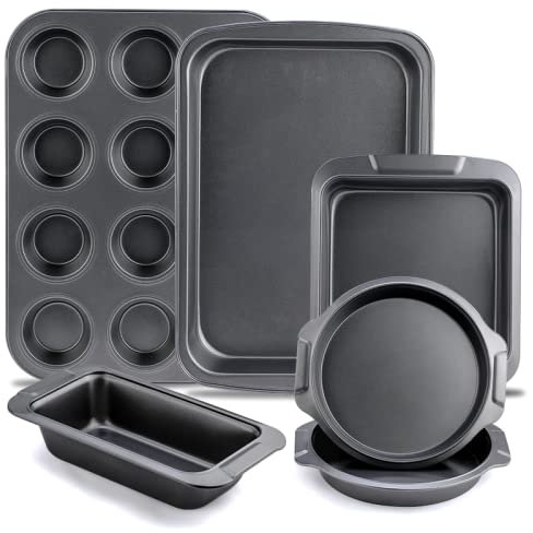 Aggert Bandeja de metal para hornear, juego de 6 utensilios antiadherentes de acero al carbono, charola para hornear galletas en capas para tartas de 12 tazas, bandeja cuadrada para hornear
