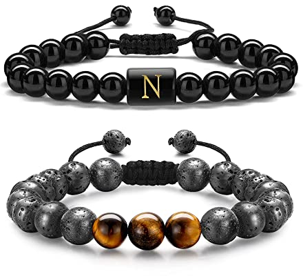 TINGN 2 Stück 8mm Perlen Armband für Herren Damen, Tigerauge Lavagestein Herren Armband Stressabbau Perlen Einstellbare Initial Obsdian Armband für Männer Perlen Buchstaben Armbänder für Jungen (N)