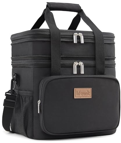 Lifewit 12L 16Can Lunch Box for Men Women Double Deck Lunch Bag, Medium Insulated Soft Cooler Bag, Leakproof Soft Meal Prep Lunch Tote with Shoulder Strap for Adults for Work/Picnic/School, Black