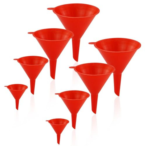 ZCYKJ 8 Pcs Plastic Funnel Set, Multipurpose Wide Mouth Filter Funnels for Kitchen/Laboratory/Garage/Car Liquids/Oil/Dry Goods/Bottles/Cans - Red