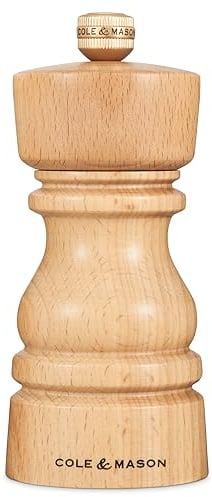 Cole & Mason London Natural Beech Pepper Mill, Precision+ Carbon Mechanism, Pepper Grinder with Adjustable Grind, Beech Wood, 130mm, Seasoning Mill, Lifetime Mechanism Guarantee
