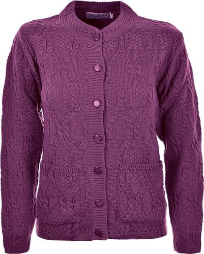 Miss Trendy Womens Ladies Knitted Crew Neck Pocket Front Button Up Aran Cardigan Fushia 18-20