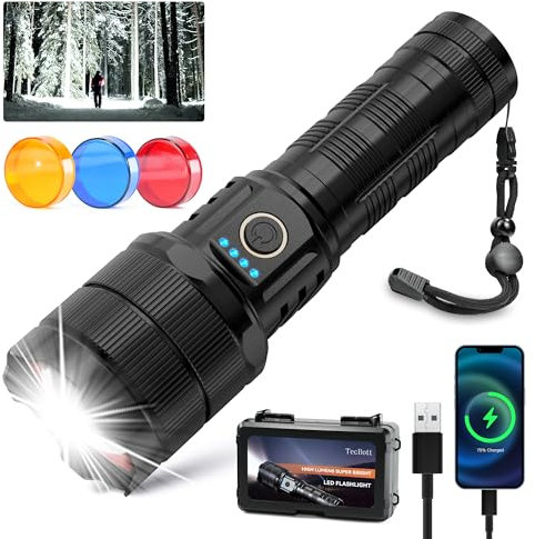 TECBOTT 900000 Linternas Led De Alto LúMenes Linterna Led Recargable 3 Modos Zoomable Carga RáPida Ipx6 Impermeable Flash Linterna Potente Luz De Mano Para Acampar Al Aire Librey Regalo Negro