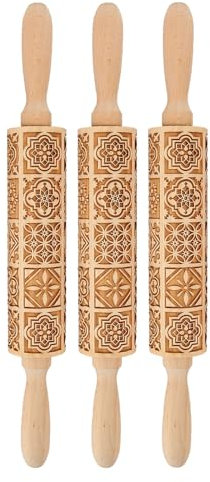 3 Mattarelli in Legno in Rilievo, Motivo Floreale 3D, Mattarello in Legno Inciso, Strumento Fai da Te per Cuocere Biscotti, Biscotti, Fondente, Pasta, Argilla.