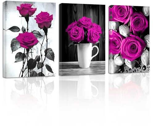 ZXHYWYM Elegante Rosen Leinwandbilder 3 teilig lila Rosen Blumengemälde Drucke Schwarz Weiß romantisches rustikales Blumenbild Paare Schlafzimmer Dekor (Bild-3, (28.00 x 35.00 cms x 3 Teilig))