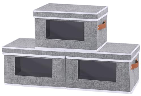 OUTBROS Clothes Storage Boxes with Lids, Closet Organizer with Handles and Clothing Baskets, Fabric Bins with Window, 33 X 23 X 20 cm, Grey, 3-Pack