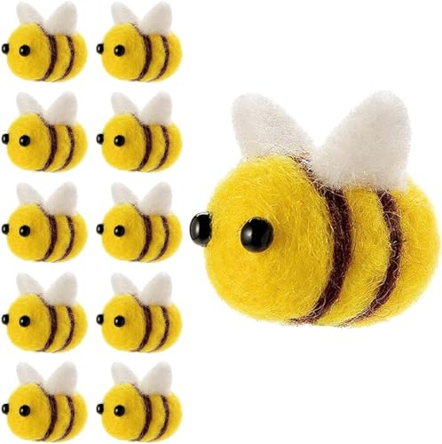 10 Stück Biene Filzen Wolle Mini Biene Dekoration, Filzbienen Klein Bienen Figuren Streudeko Biene Gefilzte Bienen Verzierungen für Babyparty Kostüm DIY Handwerk Anhänger Wand Hut Deko (Biene)