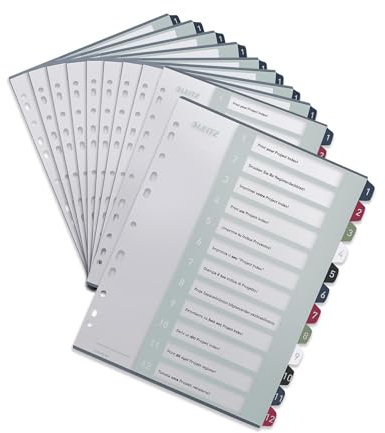 Leitz A4 Register, 10er Pack, 1-12, 12 Trennblätter, Beschriftbares Deckblatt, Extrabreit, PP, Style, Mehrfarbig, 12380000