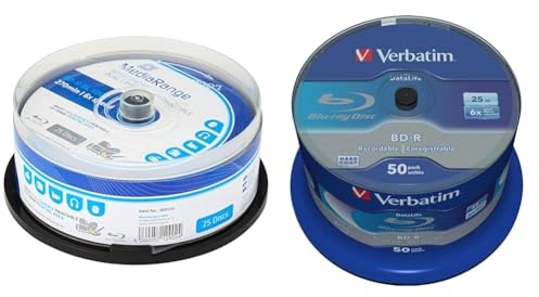 MediaRange BD-R Dual Layer 50GB 6-Fache Schreibgeschwindigkeit & Verbatim BD-R SL Blu Ray Rohlinge, Datalife Blu Ray Disc mit 25 GB Datenspeicher