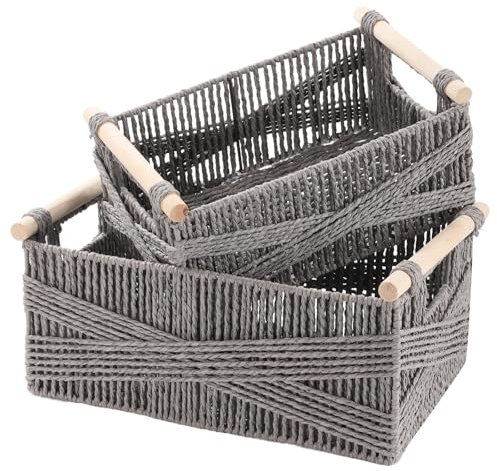Aufbewahrungskorb Geflochten mit Griff, 2er Set Rattankorb aus Gewebtem, Regalkörbe Handgewebt, Deko Aufbewahrungsbox, Arbeitsplatte Regal Schrank Organizer, Grau