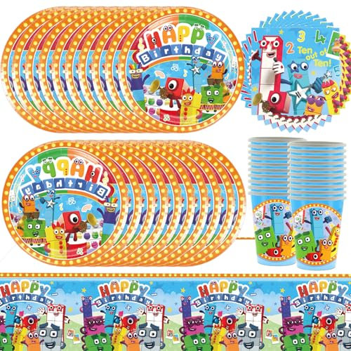 61 Pcs Number Birthday Party Tableware Set, Kids Number Decorations, Block Party Tableware, Includes Tablecloth, Paper Plates, Napkins, Paper Cups (20 Guests)