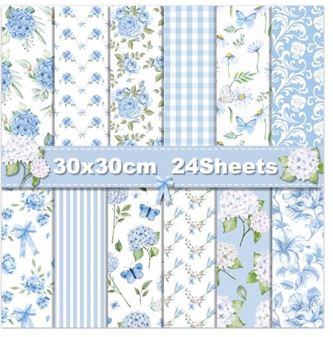 WLXTREE Blaues Blumen-Scrapbook-Papier, 24 Blatt doppelseitig, Hortensien-Blumen, dekoratives Karton, gemustertes Papier für Kartenherstellung, Fotoalbum, Tagebuch, DIY Handwerk