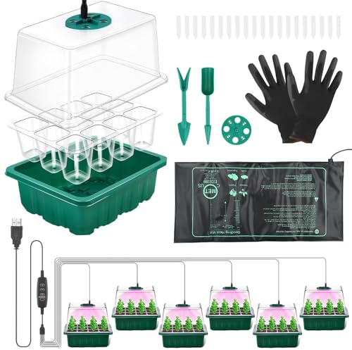 Bandejas Semilleros, 6 Piezas 120 Agujeros Bandejas de Cultivo de Plantas con Luz de Crecimiento Ajustable y Estera Calefactora y Guantes, Mini Invernadero Bandejas con Domo de Humedad Ajustable
