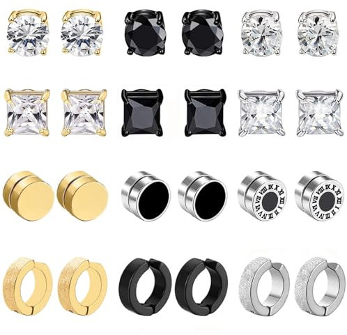 12Paires Boucle d'oreille Homme Magnétique Acier Inoxydable Aimant Boucles d’oreilles Noir Sans Trou Faux Piercing Oreille Magnétique Fausse Boucle d'oreilles Set Clip Aimanté Homme