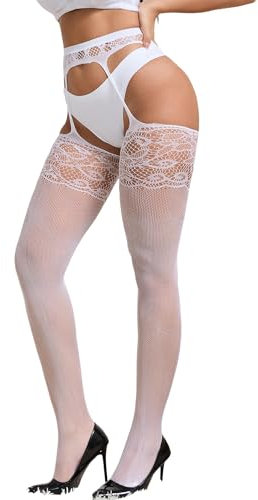 ohyeahlady Calze Donna Collant Sexy Taglie Forti a Rete Pizzo Morbide Autoreggenti Nere con Reggicalze Sexydonna Hard Elasticizzati Intimo Hot Curvy Lingerie Biancheria Intima (Bianco,3XL-5XL)