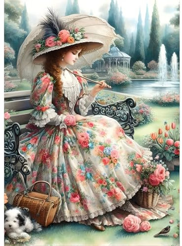 QINRUBB DIY Dame Diamond Painting Erwachsene, 5D Jahrgang Diamant Painting Bilder Anfänger, Garten Runder Vollbohrer Diamanten Malerei Stickerei Kreuzstich Geschenke Home Wand Dekor 30x40cm