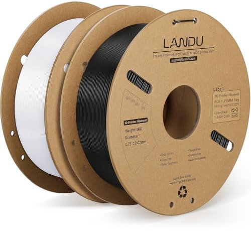 LANDU PLA Filament 1.75mm Schwarz Weiß 2KG, 3D Drucker Filament Maßgenauigkeit +/- 0,02 mm, 2kg Pappspule (4.4lbs) Filament-3D-Druckmaterialien Passt für die meisten FDM 3D-Drucker