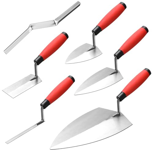 Lasnten 6 PCS Masonry Hand Tool Set 11 x 5-1/2 Philadelphia Brick Trowel 2 Pointing Trowel 5 x 2'' Margin 1/2 Tuck 5/8'' x 1/2'' Convex Brick Jointer Soft Grip Handle Concrete Towel Tool Finishing