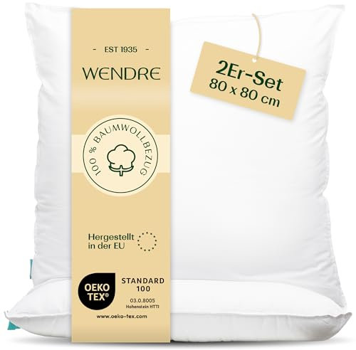 WENDRE Schlaf Atmungsaktives Kissen Set 2er 80x80 cm - Weich, 100% Baumwolle Kissenbezug, Waschbarer - Luxus Bequeme Kopfkissen für das Bett - Langlebige, Hypoallergene Kissen, Oeko-Tex Zertifiziert