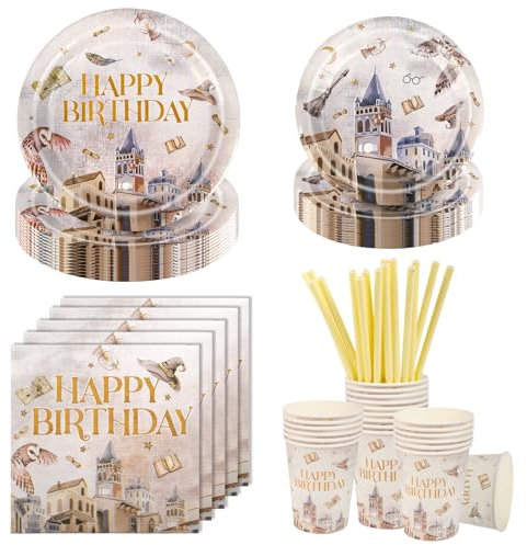 Aitsite Lot de 100 assiettes de fête magiques Wizard - Assiettes de fête d'anniversaire pour 20 invités - Vaisselle d'anniversaire magique, décoration de fête Wizard - Assiettes, gobelets, serviettes