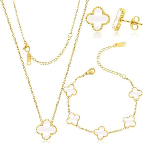 SoundZero Vierblättriges Glücksklee Schmuck Set für Damen, 18K Vergoldet Vierblättriges Kleeblatt Halskette Ohrringe Armband, Hypoallergen Schmuck Set Damen, Armband Emaille Schmuck Set (Weiß)