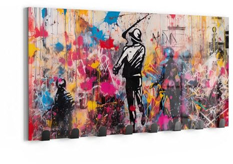 DEQOART Wandgarderobe Glas & Metall | Motiv Urbane Farbsymphonie | 60x30 cm | Design Haken-Leiste modern | Garderoben-Paneel für Flur, Wohnzimmer & Schlafzimmer | magnetisch & beschreibbar