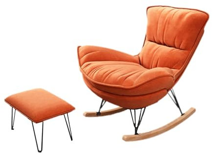 Schaukelstuhl Schaukelstuhl Wohnzimmer Schaukelstuhl Outdoor Aus Flanellstoff, Ergonomisches Design, Abnehmbare und Waschbare Sitzkissen, Schaukelstuhl mit Hocker(Orange)