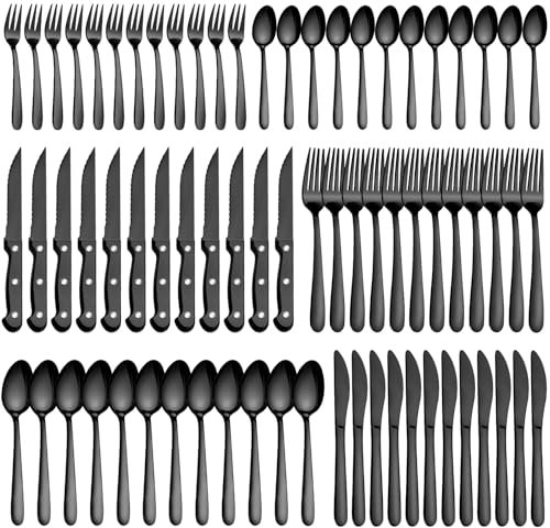 Besteck Set 12 Personen, Pleafind 72-teiliges schwarzes Besteck, Edelstahl BesteckSet mit Steakmesser, Besteck Set, inkl. Gabeln, Löffel, Messer, spülmaschinenfestes