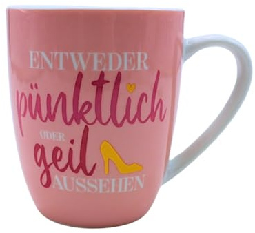 Porzellanbecher, Kaffeetasse, Tasse Mama Geschenk, Trinkbecher, Kaffeebecher, Henkeltasse, Motiv: Entweder püntklich oder geil aussehen, Spülmaschinengeeignet pink, 250 ml, Maße L/B/H 12 x 8 x 10 cm.