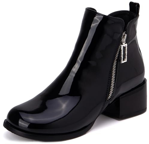 LarDorLin Vernice Chelsea Donna Tacco Medio a Blocco Stivaletti Inverno Ufficio Comodo Punta Rotonda Zip Moda Polacchine Chunky Nero Numero 33 EU